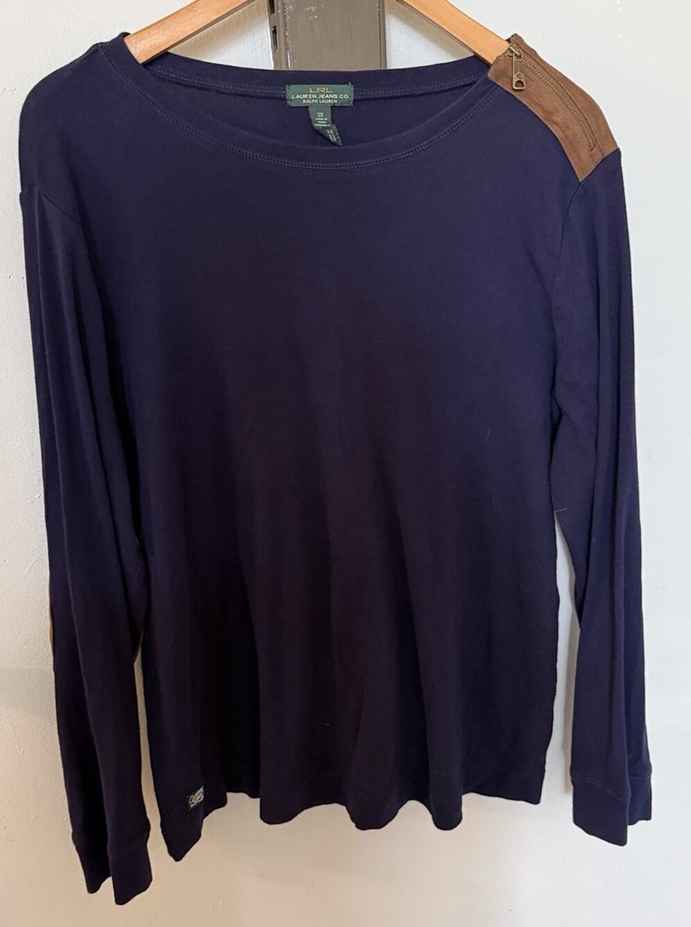 LAUREN RALPH LAUREN Women’s 2X Navy Top w/Brown Suede Elbow & Shoulder Patch